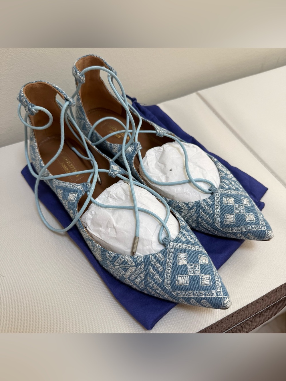 Aquazurra Light Blue Demin Embroidered Lace-Up Pointed Flats